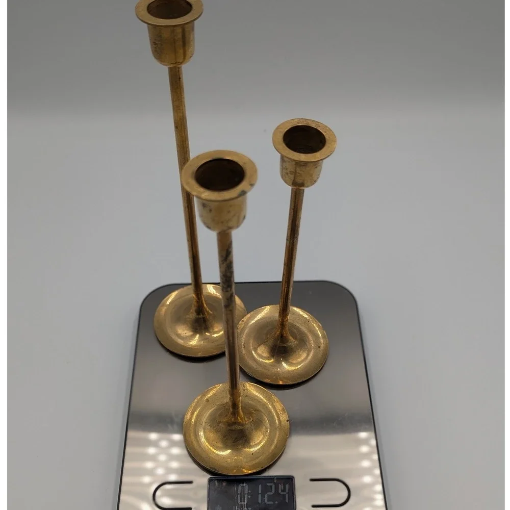 Vintage Brass Candlestick Set Gold Tapered Minimalist Staggered Heights 3pc
